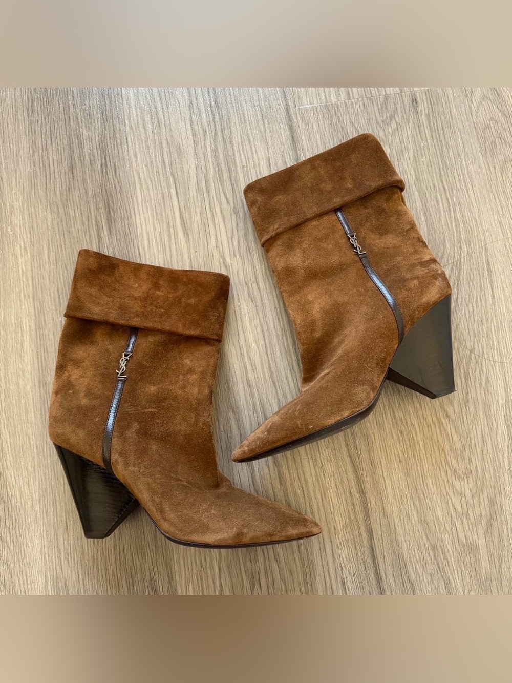 Saint Laurent Brown Suede Pointed Ankle Boots